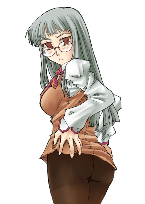 00s 1girl :&lt; ass blue_(ao_maru) blush bottomless breasts brown_pantyhose fate/stay_night fate_(series) female_focus glasses grey_hair himuro_kane homurabara_academy_school_uniform large_breasts long_hair looking_back no_panties orange_eyes pantyhose school_uniform solo type-moon