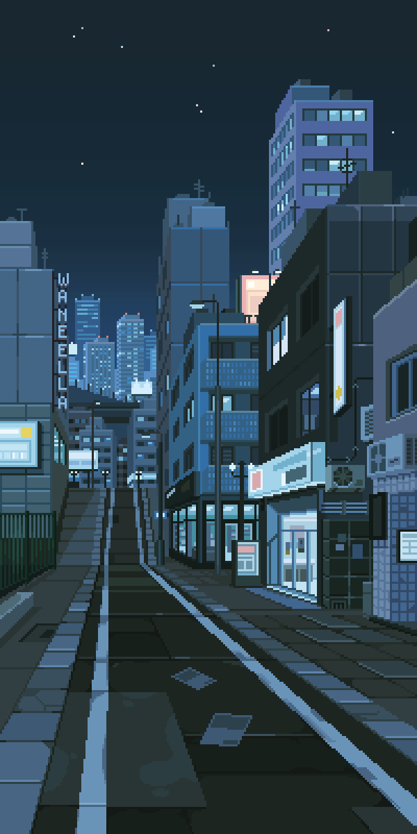 animated animated_gif building city cityscape commentary english_commentary highres lamppost looping_animation night night_sky no_humans original outdoors pixel_art road scenery shooting_star sky star_(sky) street waneella