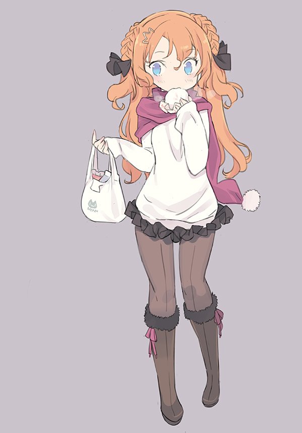 1girl alisa_kirsten bag black_boots black_pantyhose black_ribbon black_skirt blade_(galaxist) blue_eyes blush boots braid closed_mouth commentary_request eating female_focus food full_body fur-trimmed_boots fur_trim grey_background hair_between_eyes hair_ornament hair_ribbon hairclip holding holding_bag holding_food knee_boots long_hair long_sleeves orange_hair pantyhose plastic_bag pom_pom_(clothes) pop-up_story purple_scarf ribbon scarf shirt simple_background skirt sleeves_past_wrists solo standing steamed_bun very_long_hair white_shirt