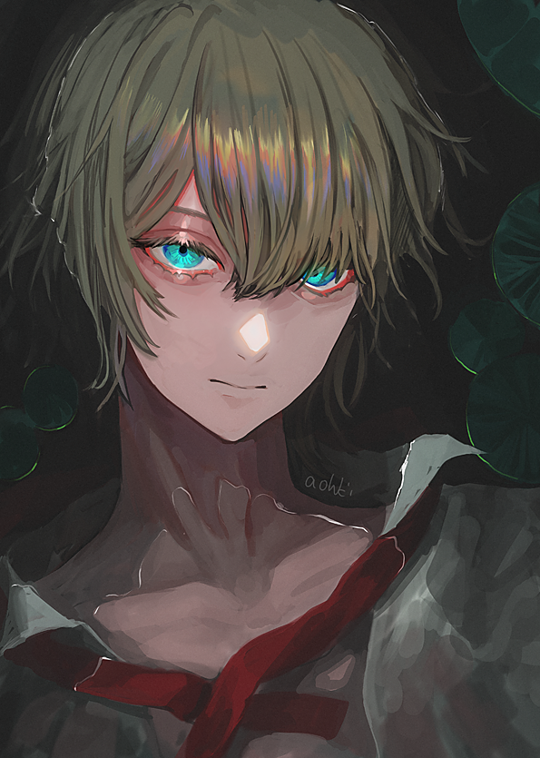 1boy afloat blonde_hair blue_eyes hair_between_eyes lily_pad looking_at_viewer male_focus original partially_submerged red_ribbon ribbon sanpaku shirt solo upper_body water waterstaring white_shirt
