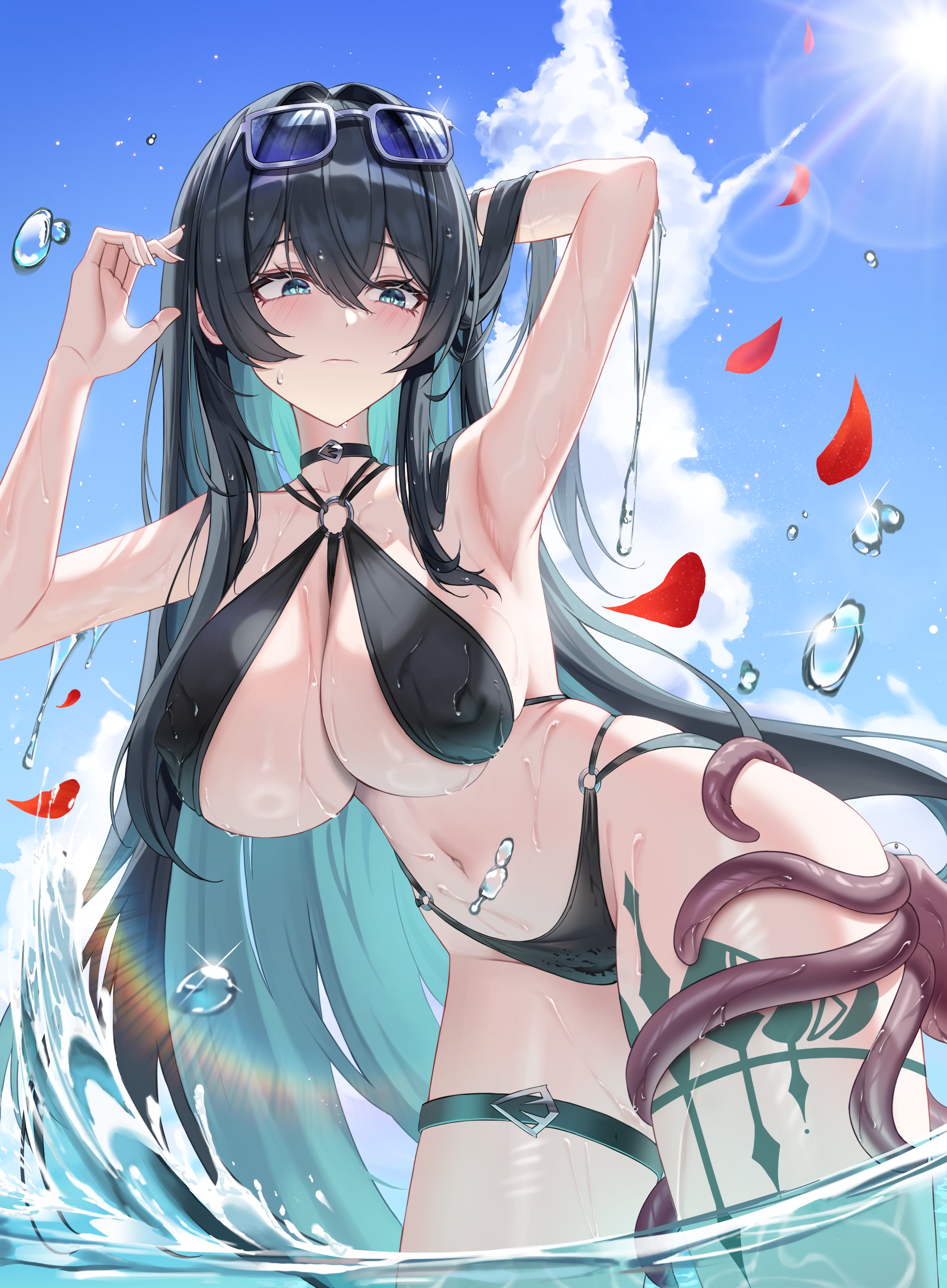 absurdres armpits bare_shoulders bikini black_bikini black_hair blue-tinted_eyewear blue_sky breasts cleavage cloud counter:side highres large_breasts light_blush long_hair multicolored_hair navel plaga_(counter:side) red_petals sky splashing stomach sunglasses swimsuit tentacles tinted_eyewear water