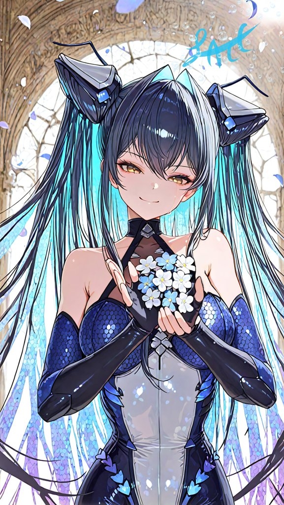 1girl aqua_hair backless_bodysuit backless_outfit bare_shoulders black_bodysuit black_hair blue_hair bodysuit breasts cleavage colored_inner_hair gloves goddess_of_victory:_nikke hair_intakes halterneck large_breasts little_mermaid_(nikke) long_hair looking_at_viewer multicolored_hair nikke-late see-through_clothes solo twintails very_long_hair yellow_eyes