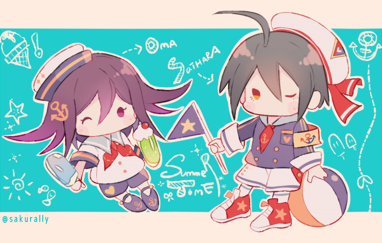 2boys ahoge alternate_costume anchor anchor_hair_ornament anchor_symbol armband arrow_(symbol) ball beachball black_hair blue_background blue_hat blue_pants blue_shirt blue_shorts blush_stickers border breast_pocket buttons cargo_shorts character_name cherry chibi commentary_request cup danganronpa_(series) danganronpa_v3:_killing_harmony dotted_line drink drinking_glass english_text fish flag food fruit grey_sailor_collar hair_ornament hat hat_ribbon heart heart_print holding holding_drink holding_flag holding_food holding_popsicle ice_cream ice_cream_cone ice_cream_float kneehighs letterboxed long_eyelashes long_sleeves male_focus mary_janes multiple_boys neckerchief necktie no_mouth oma_kokichi one_eye_closed outline outside_border pants pocket popsicle print_headwear print_necktie print_shirt print_shoes print_shorts purple_eyes purple_hair red_neckerchief red_necktie red_ribbon red_shoes ribbon ribbon-trimmed_neckerchief ribbon_trim saihara_shuichi sailor sailor_collar sailor_hat sailor_shirt sakura_(fein5862817) shirt shoes short_hair shorts sleeve_cuffs sneakers socks solid_oval_eyes star_(symbol) star_print sun_symbol twitter_username two-tone_hat v-shaped_eyes white_border white_hat white_outline white_shirt white_shorts white_socks yellow_armband yellow_eyes