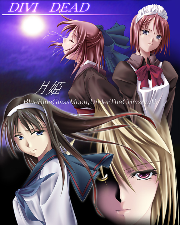 4girls akiba_yuji apron arcueid_brunestud bad_id blonde_hair blue_bow blue_eyes blue_sailor_collar bow bowtie brown_dress brown_hair closed_mouth commentary_request dress expressionless hair_bow hisui_(tsukihime) kohaku_(tsukihime) long_hair looking_at_viewer maid maid_headdress multiple_girls purple_background purple_eyes red_bow red_bowtie red_hair sailor_collar shirt short_hair tohno_akiha tsukihime upper_body white_apron white_shirt