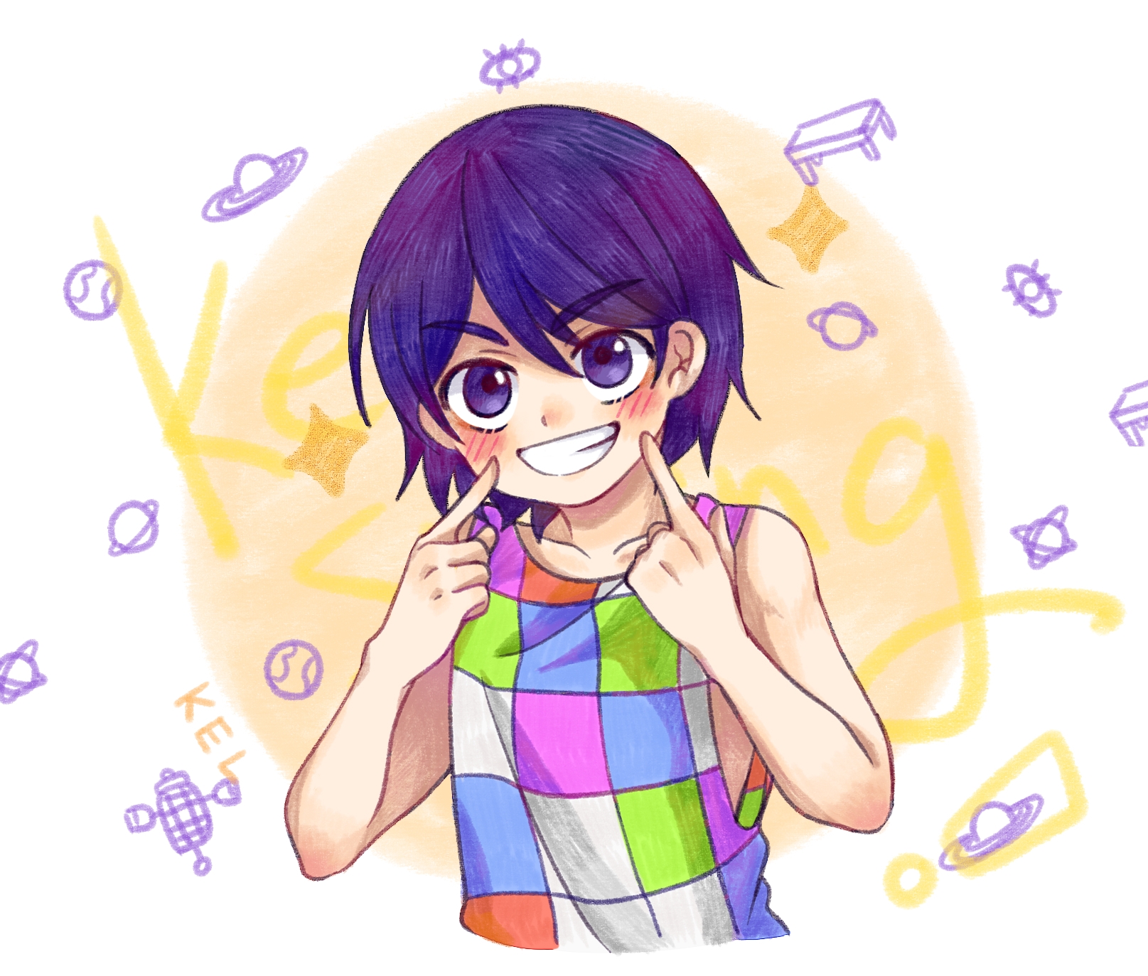 1boy bare_arms bare_shoulders blush character_name checkered_clothes collarbone commentary_request cropped_torso fingers_to_cheeks grin hands_up hatching_(texture) highres index_fingers_raised kel_(headspace)_(omori) kel_(omori) linglanjunying looking_at_viewer male_focus omori purple_eyes purple_hair short_hair simple_background smile solo tank_top white_background