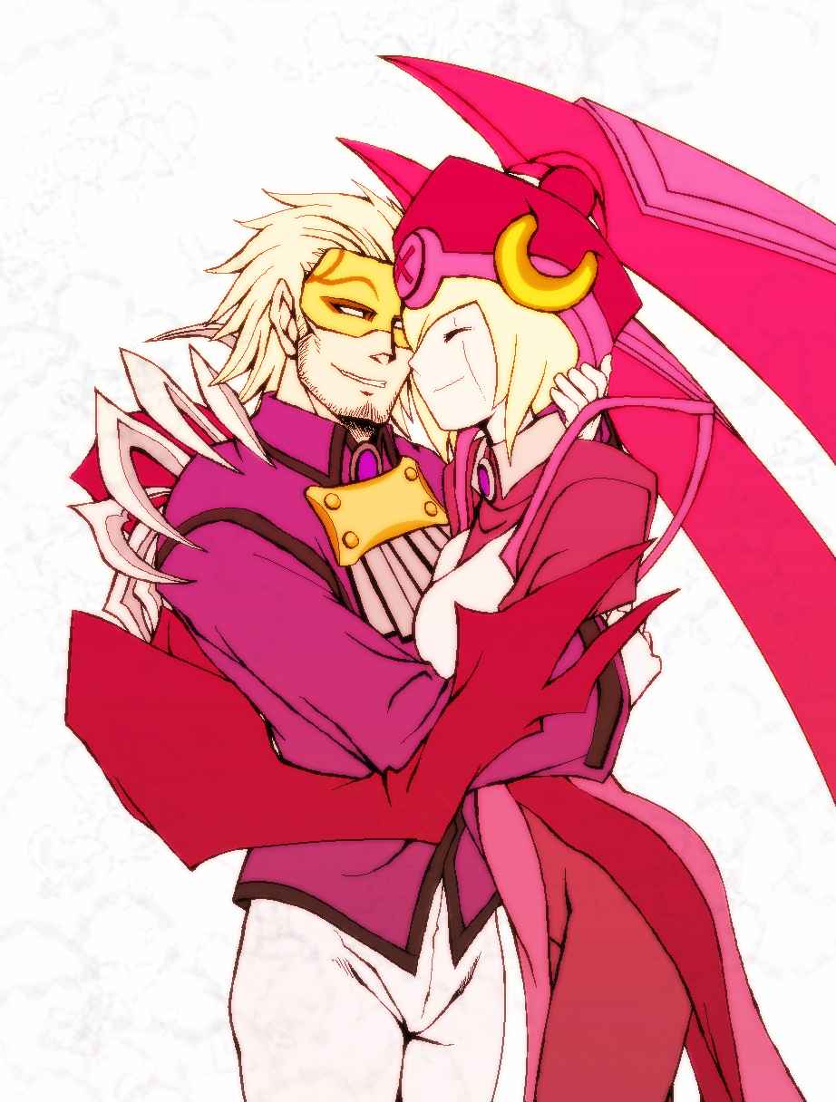 1boy 1girl android arc_system_works blazblue blonde_hair claws colored_skin couple cuddling domino_mask earrings closed_eyes facial_hair gloves hat hetero highres hug husband_and_wife ignis_(blazblue) jewelry mask monster_girl relius_clover robot_ears short_hair smile stubble white_skin zetsho
