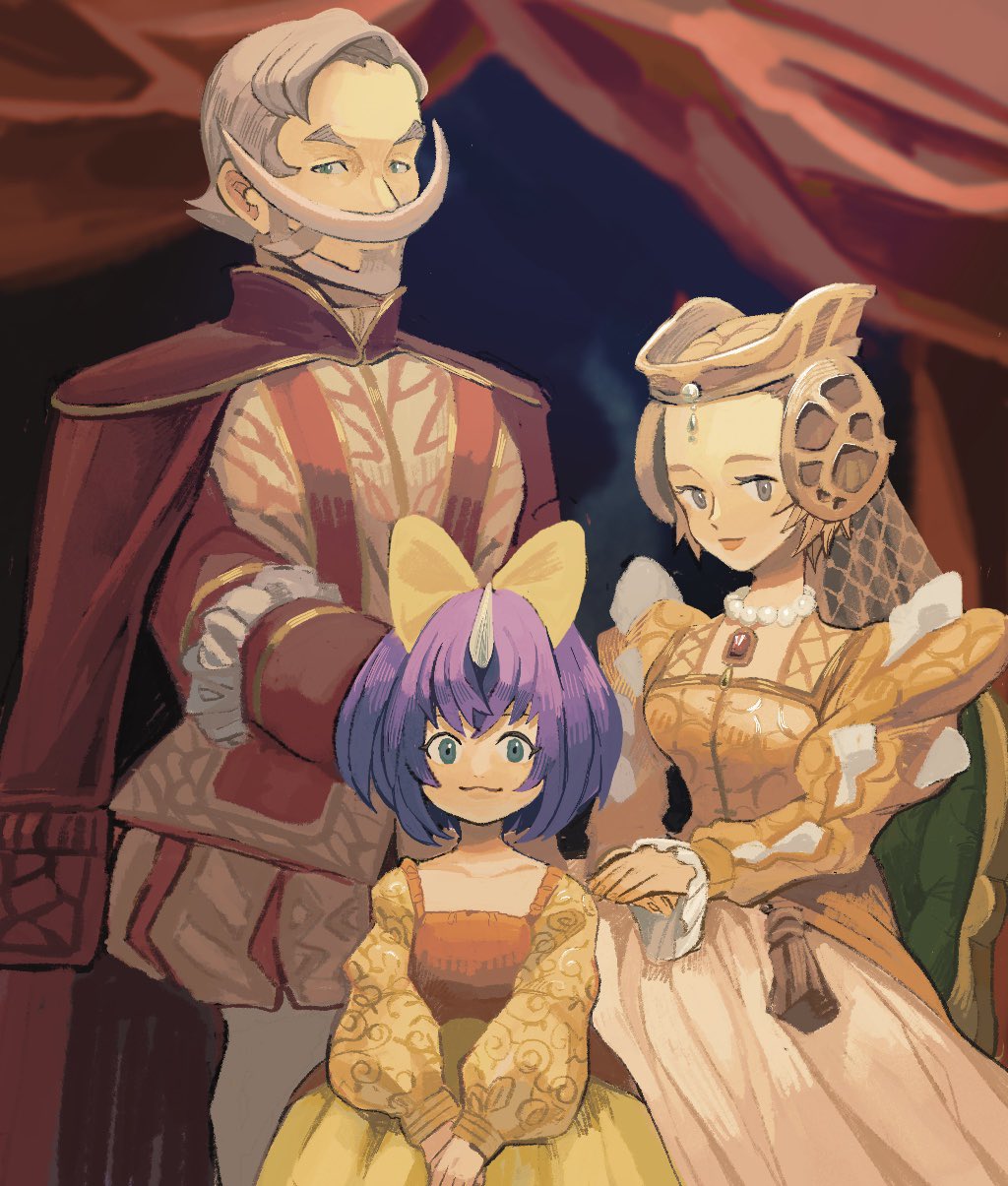 1boy 2girls azukimomonaka bow cid_fabool_ix closed_mouth dress eiko_carol final_fantasy final_fantasy_ix green_eyes hair_bow highres hildagarde_fabool horns jewelry looking_at_viewer mother_and_daughter multiple_girls necklace short_hair single_horn smile yellow_bow yellow_dress