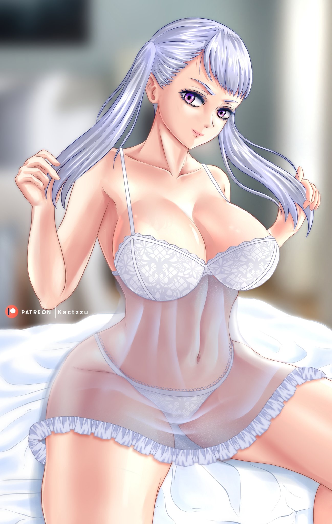 bedside black_clover bra breasts highres kactzzu lace lace-trimmed_panties lace_trim large_breasts lingerie lipstick makeup negligee noelle_silva panties purple_eyes silver_hair thick_thighs thighs twintails underwear white_bra white_lingerie white_panties