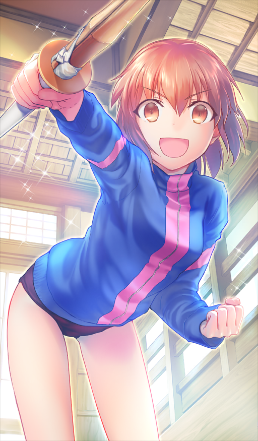 1girl :d aged_down bare_legs black_buruma blue_jacket breasts brown_eyes brown_hair buruma clenched_hand commentary cowboy_shot dojo fate/grand_order fate/zero fate_(series) from_below fujimura_taiga hair_between_eyes holding holding_sword holding_weapon jacket long_sleeves multicolored_jacket nekotawawa official_art open_mouth pink_jacket shinai short_hair small_breasts smile solo student_no._0 sword third-party_source two-tone_jacket weapon