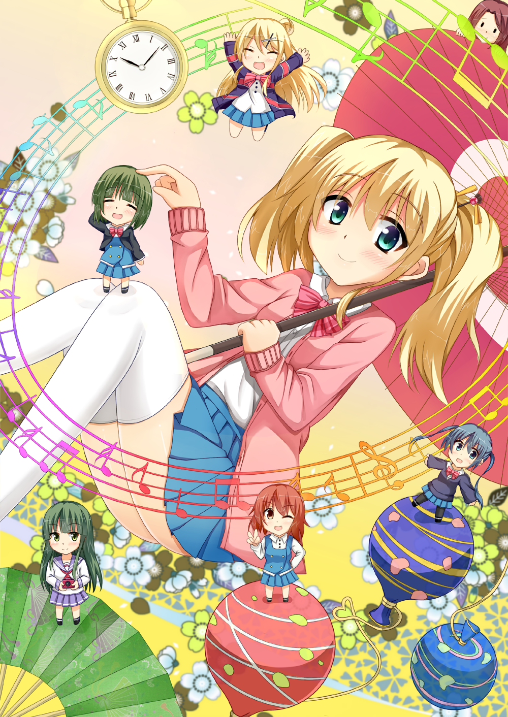 10s alice_cartelet bad_id bad_pixiv_id blonde_hair blue_eyes blush chibi clock hair_bun hair_ornament hairclip highres inokuma_youko kin-iro_mosaic komichi_aya kujou_karen long_hair multiple_girls oomiya_isami oomiya_shinobu open_mouth single_hair_bun smile twintails x3_(jyouti) x_hair_ornament