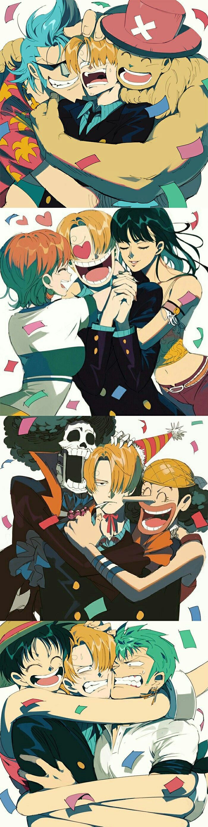 2girls 6+boys absurdres angry annoyed black_hair black_necktie blonde_hair blunt_bangs breast_press breasts brook_(one_piece) brown_hair cleavage expressionless formal_clothes franky_(one_piece) green_hair grin hair_over_one_eye hat heart heart-shaped_pupils highres hug looking_at_another monkey_d._luffy multiple_boys multiple_girls nami_(one_piece) nami_(one_piece)_(east_blue) necktie nico_robin nico_robin_(skypiea) one_piece open_mouth roronoa_zoro runa_(nori31291404) sanji_(one_piece) skull smile source_request straw_hat suit sweat symbol-shaped_pupils tony_tony_chopper usopp