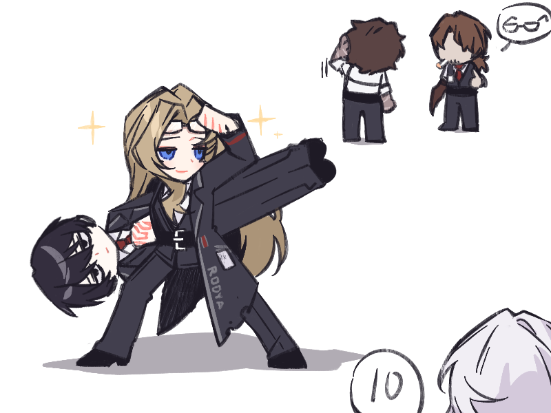 2girls 3boys arm_up belt black_belt black_coat black_eyes black_footwear black_hair black_vest blue_eyes borrowed_accessory brown_hair carrying carrying_person closed_mouth coat collared_shirt dark-skinned_male dark_skin faust_(project_moon) gregor_(project_moon) hands_up heathcliff_(project_moon) lapels limbus_company long_hair looking_to_the_side low_ponytail mercuryhx multiple_boys multiple_girls notched_lapels own_hands_clasped own_hands_together parted_bangs ponytail project_moon rodion_(project_moon) shirt shoes sidelocks smile very_long_hair vest white_hair white_shirt yi_sang_(project_moon)