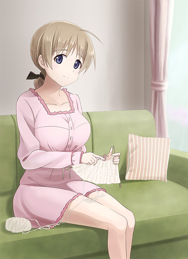 1girl ahoge blue_eyes braid breasts brown_hair couch dress female_focus green_upholstery hair_ribbon hide_0 knitting knitting_needle large_breasts long_hair looking_at_viewer lynette_bishop needle pink_dress ribbon single_braid sitting solo strike_witches world_witches_series yarn