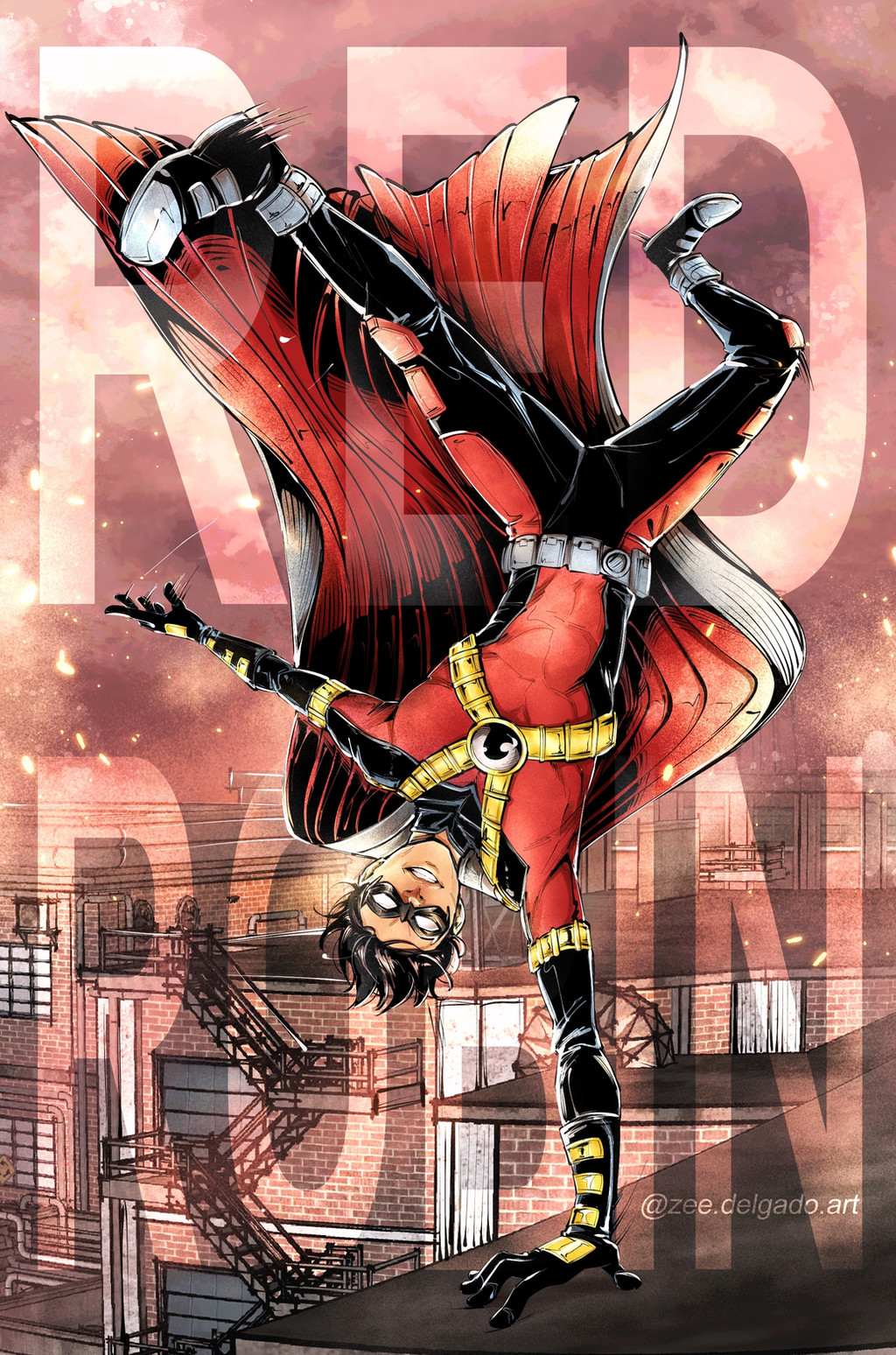 1boy animal_print artist_name batman_(series) black_gloves black_hair bodysuit cape child cityscape commentary dc_comics english_text gloves handstand highres male_focus on_roof one_arm_handstand red_cape red_robin rooftop smile solo superhero_costume tim_drake zee_delgado