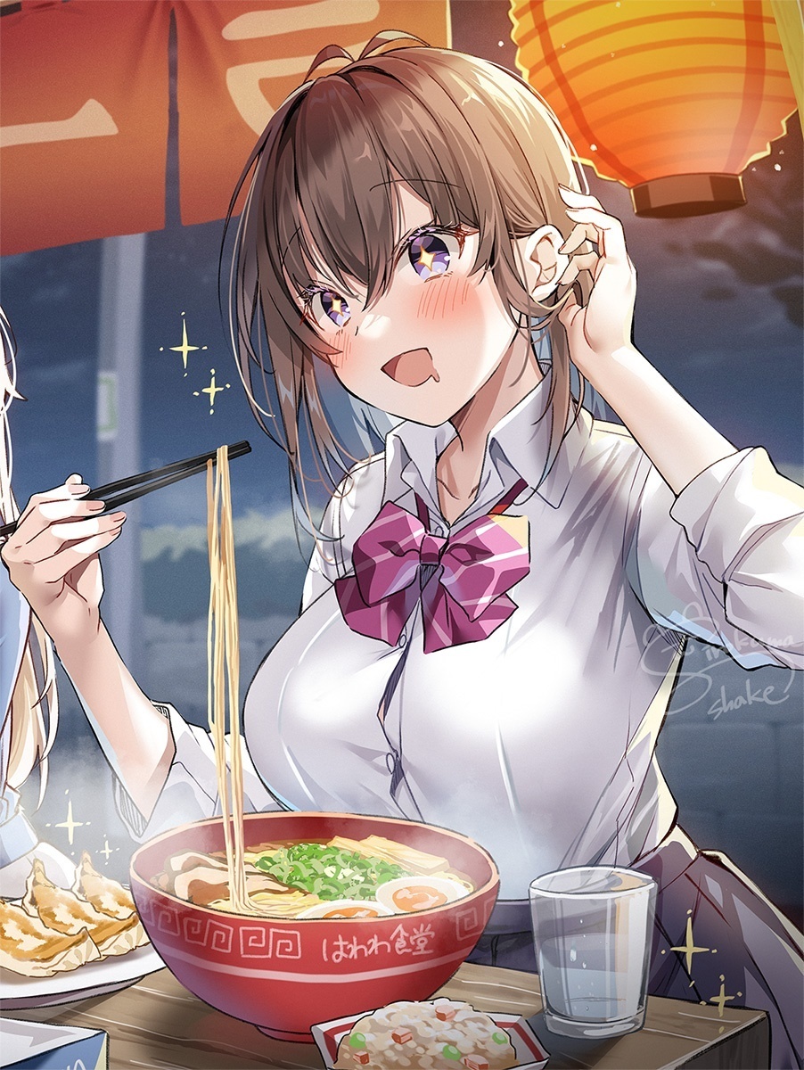 1girl :d black_skirt blush bowl breasts brown_hair chopsticks collared_shirt commentary_request cup dumpling eating food hair_between_eyes hawawa-chan_(shiro_kuma_shake) highres holding holding_chopsticks jiaozi lantern large_breasts night noodles open_mouth original purple_eyes ramen school_uniform shirt shirt_tucked_in sidelocks signature sirokuma_shake sitting skirt sleeves_rolled_up smile solo star-shaped_pupils star_(symbol) symbol-shaped_pupils table white_shirt window