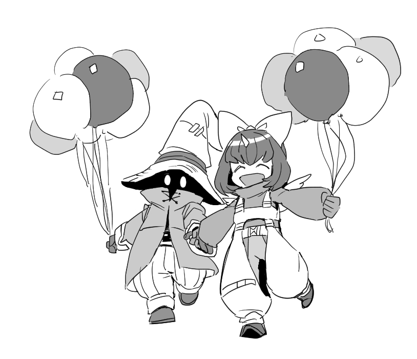 1boy 1girl balloon black_mage_(final_fantasy) bob_cut bodysuit bow closed_eyes coat dede_(qwea_00000) eiko_carol final_fantasy final_fantasy_ix gloves glowing glowing_eyes hair_bow holding holding_balloon holding_hands horns mini_wings open_mouth overalls pants short_hair single_horn sketch smile striped_clothes striped_pants turtleneck vivi_ornitier white_background wings