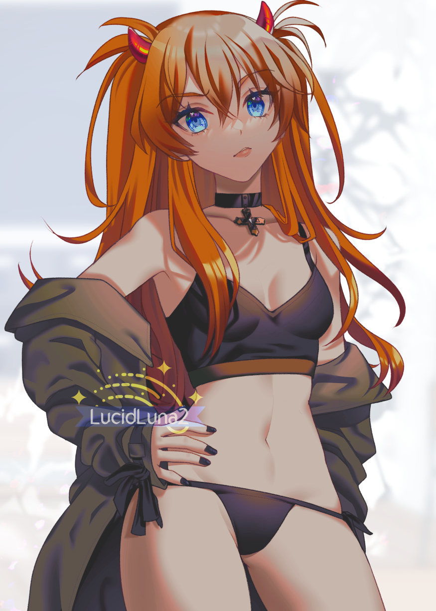 1girl artist_name bare_legs bare_shoulders black_panties breasts brown_hair cleavage curvy feet_out_of_frame hand_on_own_hip highres interface_headset_(evangelion) jacket jacket_on_shoulders lips long_hair looking_at_viewer lucidluna2 medium_breasts navel neon_genesis_evangelion one_eye_closed panties shiny_skin side-tie_panties simple_background solo souryuu_asuka_langley standing thong two_side_up underwear wide_hips