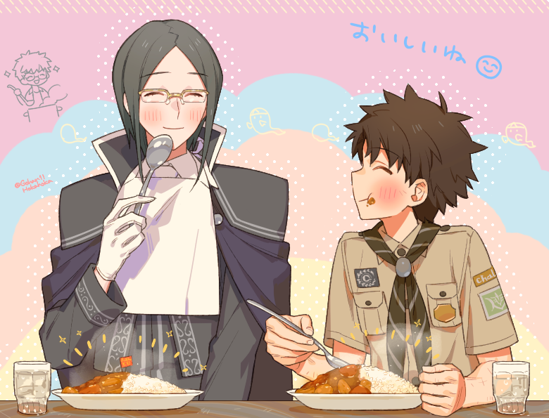 2boys archer_(fate) archer_(summer_casual)_(fate) blush brown_hair cape chibi chibi_inset cup curry curry_rice drinking_glass european_clothes fate/grand_order fate_(series) food fujimaru_ritsuka_(male) fujimaru_ritsuka_(male)_(chaldea_pathfinder) glass gloves green_hair holding holding_spoon long_sleeves looking_at_another male_focus multiple_boys official_alternate_costume pale_skin parted_bangs phantom_of_the_opera_(fate) rice rimless_eyewear sara_(kurome1127) smile spoon upper_body white_gloves white_neckwear