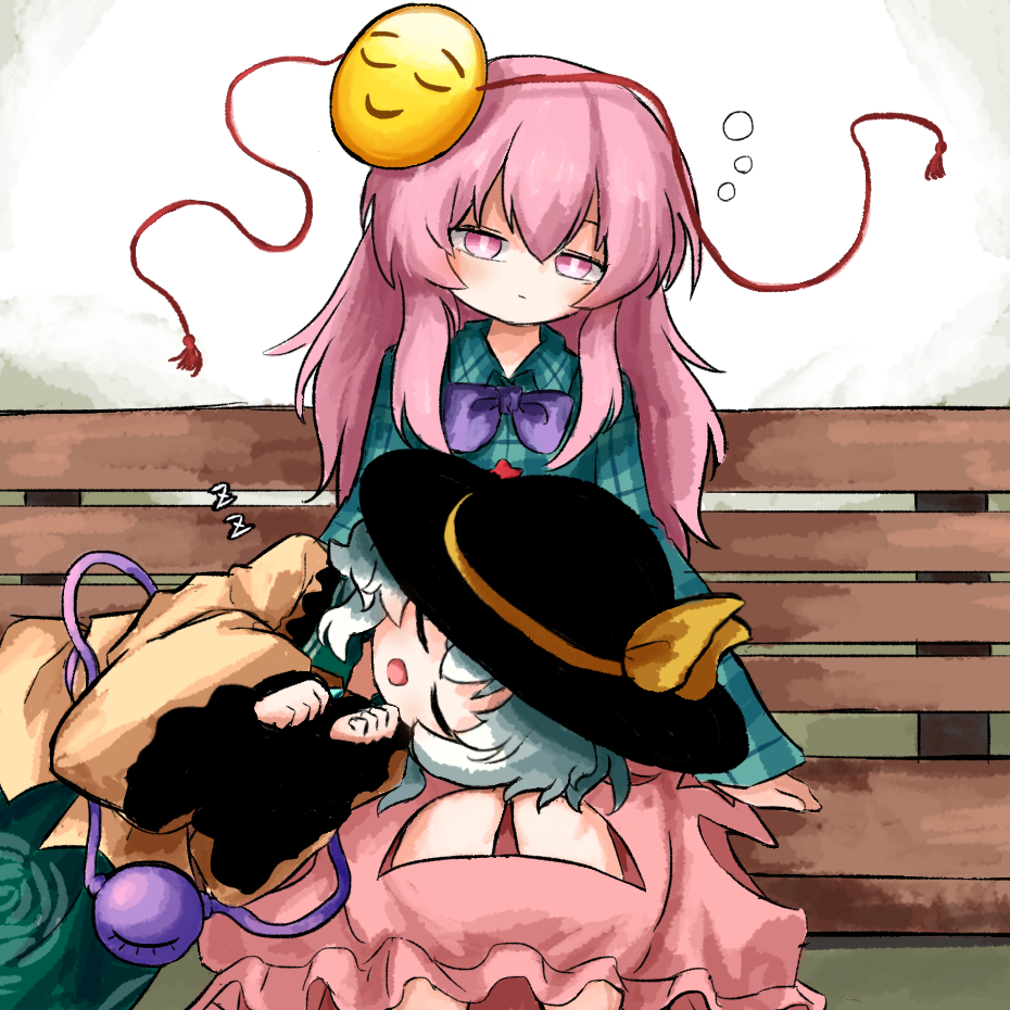 2girls bench black_hat bow bowtie bubble_skirt closed_eyes commentary_request emoji expressionless eyeball floral_print frilled_shirt_collar frilled_sleeves frills green_hair green_skirt hat hat_ribbon hata_no_kokoro heripantomorrow komeiji_koishi lap_pillow mask mask_on_head multiple_girls noh_mask pink_eyes pink_hair pink_skirt plaid_clothes plaid_shirt purple_bow purple_bowtie ribbon rose_print shirt sitting skirt sleeping sleeping_on_person squeans third_eye touhou wide_sleeves yellow_ribbon yellow_shirt yuri