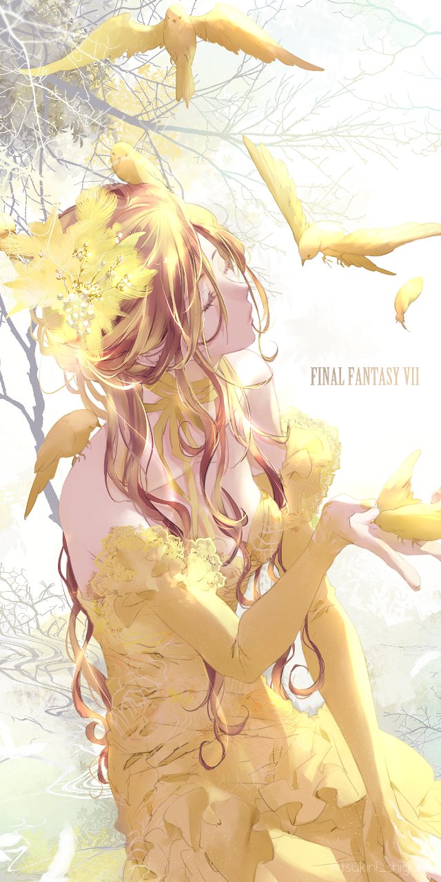 1girl aerith_gainsborough alternate_costume animal bare_shoulders bird breasts brown_hair canary choker cleavage closed_eyes detached_sleeves dress falling_feathers feather_hair_ornament feathers final_fantasy final_fantasy_vii frilled_dress frills hair_between_eyes hair_ornament hair_over_shoulder highres holding holding_animal holding_bird lace_trim long_hair medium_breasts parted_bangs ponytail ribbon ribbon_choker sitting solo tree tsukini_shigure upper_body wavy_hair yellow_bird yellow_dress yellow_feathers yellow_ribbon