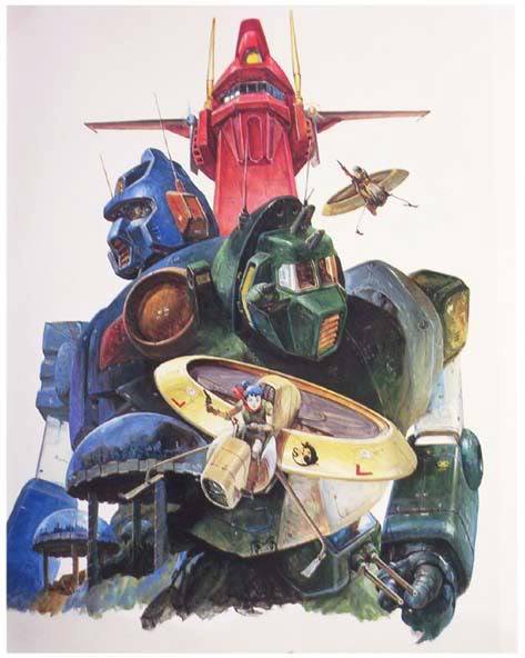 1980s_(style) blue_hair city dome gun handgun iron_gear mecha official_art oldschool pistol rag_uralo retro_artstyle robot sentou_mecha_xabungle takani_yoshiyuki walker_gallia weapon xabungle_(mecha)