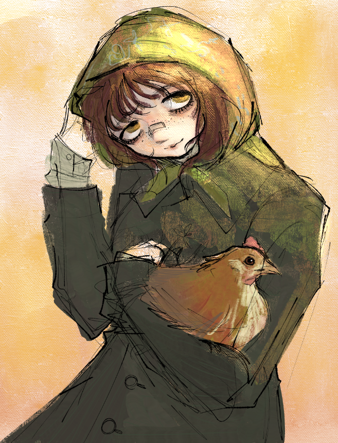 1girl alternate_costume animal arm_behind_head averting_eyes bags_under_eyes bandaid bandaid_on_face bandaid_on_nose bird brown_eyes brown_hair buttons canvas_texture chicken coat commentary crimescenepartz english_commentary faux_traditional_media freckles green_coat head_tilt holding holding_animal holding_bird hood hood_up hooded_coat kasia_(peripeteia) lips painterly peripeteia sketch smile solo standing three_quarter_view unfinished upper_body yellow_background