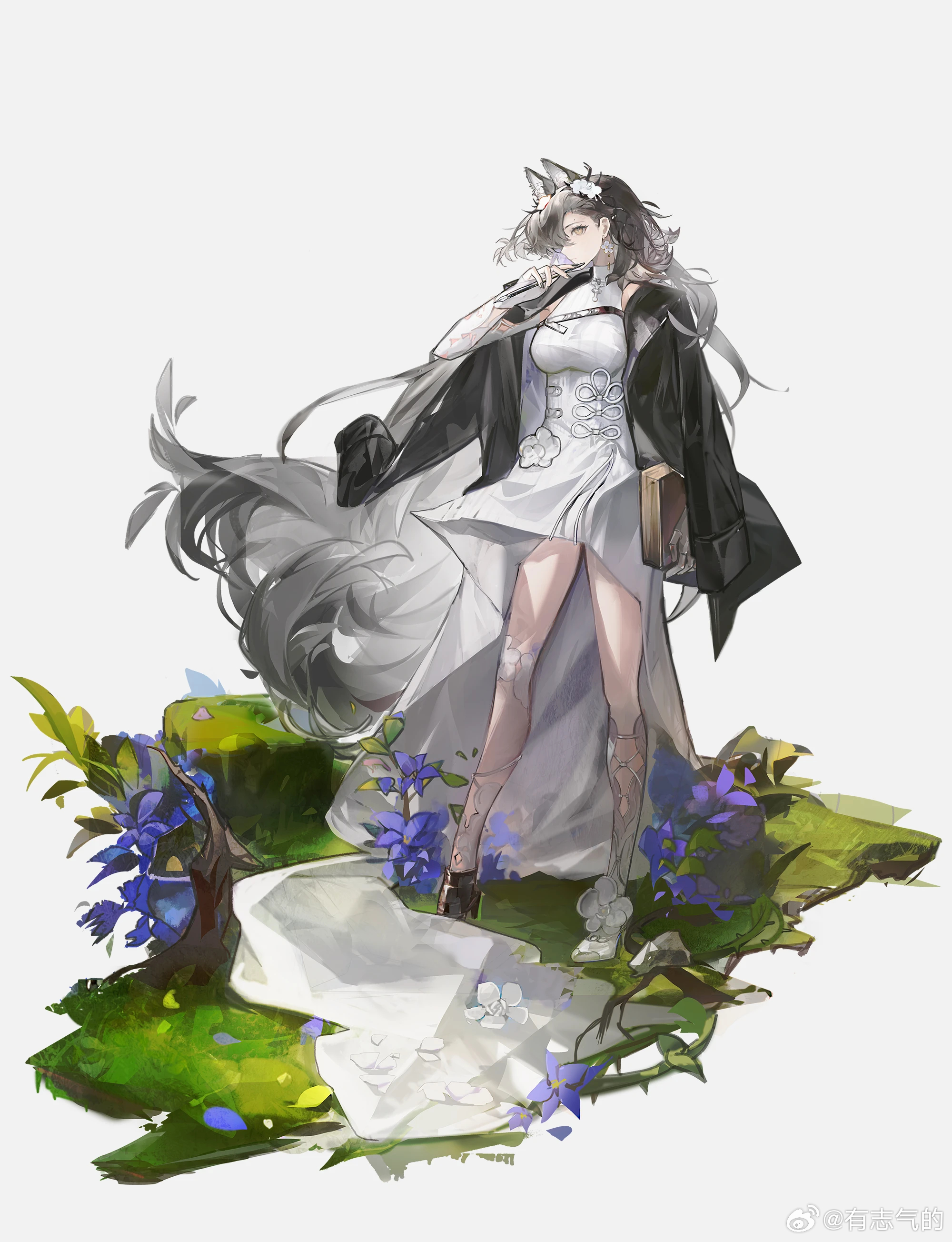 1girl absurdres animal_ear_fluff animal_ears arknights armor black_hair black_jacket book chinese_commentary commentary_request dress earrings fingerless_gloves flower flower_earrings full_body gauntlets gloves grey_background grey_hair hair_behind_ear highres holding holding_book jacket jacket_on_shoulders jewelry long_hair mole mole_above_eye nib_pen_(object) official_alternate_costume pen penance_(arknights) penance_(scribing)_(arknights) plant profile purple_flower simple_background single_gauntlet solo standing very_long_hair white_dress white_flower white_gloves yellow_eyes you_zhiqi_de