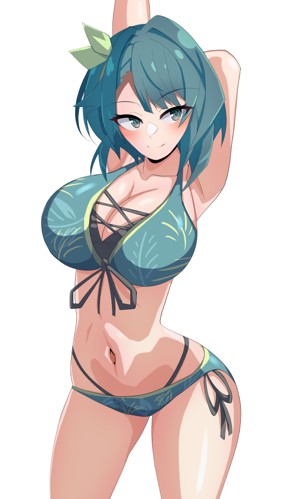 1girl aizawa_kazuha arm_behind_head arms_up assault_lily asymmetrical_hair bare_arms bare_shoulders bikini blue_bikini blue_eyes blue_hair blush breasts cleavage closed_mouth collarbone commentary contrapposto cowboy_shot cross-laced_bikini cross-laced_clothes floral_print front-tie_bikini_top front-tie_top green_ribbon hair_ribbon halterneck ishitsuma_canon large_breasts layered_bikini looking_at_viewer multi-strapped_bikini_bottom navel official_alternate_costume outstretched_arm print_bikini ribbon short_hair side-tie_bikini_bottom simple_background smile solo standing stomach swimsuit white_background