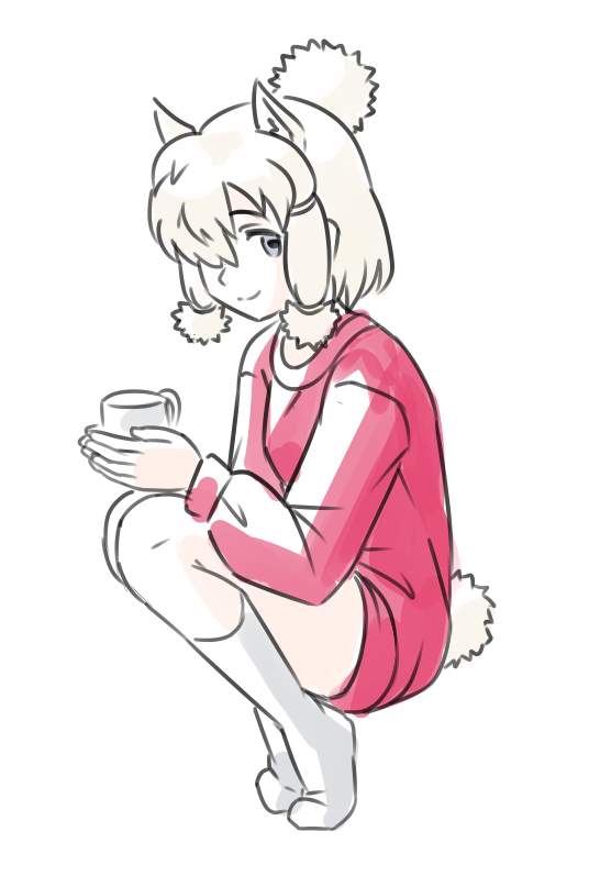1girl acesrulez alpaca_ears alpaca_girl alpaca_suri_(kemono_friends) alpaca_tail alternate_costume animal_ears blue_eyes blush casual cup dress extra_ears hair_bun hair_over_one_eye hair_tubes kemono_friends long_sleeves looking_at_viewer mug no_shoes red_sweater short_hair smile socks solo squatting sweater sweater_dress tail white_hair white_socks