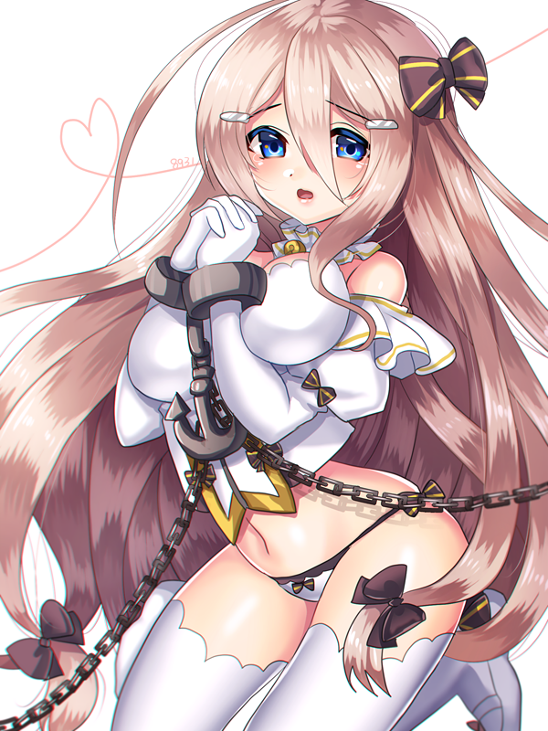 1girl 8931ponzu ahoge azur_lane bare_shoulders black_bow blonde_hair blue_eyes bow breasts chain cuffs elbow_gloves female_focus fortune_(azur_lane) furrowed_brow gloves hair_between_eyes hair_bow hair_ornament hairclip heart heart_of_string interlocked_fingers long_hair looking_at_viewer medium_breasts multiple_hair_bows navel open_mouth own_hands_together panties remodel_(azur_lane) shackles side-tie_panties simple_background solo striped_bow thighhighs underwear very_long_hair white_background white_gloves white_panties white_thighhighs