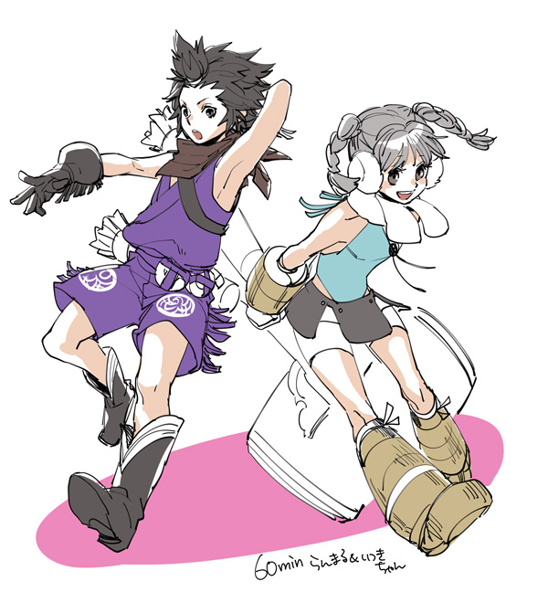 1boy 1girl :d :o armor bare_shoulders boots braid brown_eyes brown_footwear brown_gloves brown_hair completion_time earmuffs full_body gloves grey_hair hammer holding holding_hammer itsuki_(sengoku_basara) japanese_armor japanese_clothes mori_ranmaru_(sengoku_basara) one-hour_drawing_challenge open_mouth purple_shorts scarf sengoku_basara short_hair shorts simple_background sleeveless smile teeth twin_braids upper_teeth_only white_background white_scarf yona_(waiko)