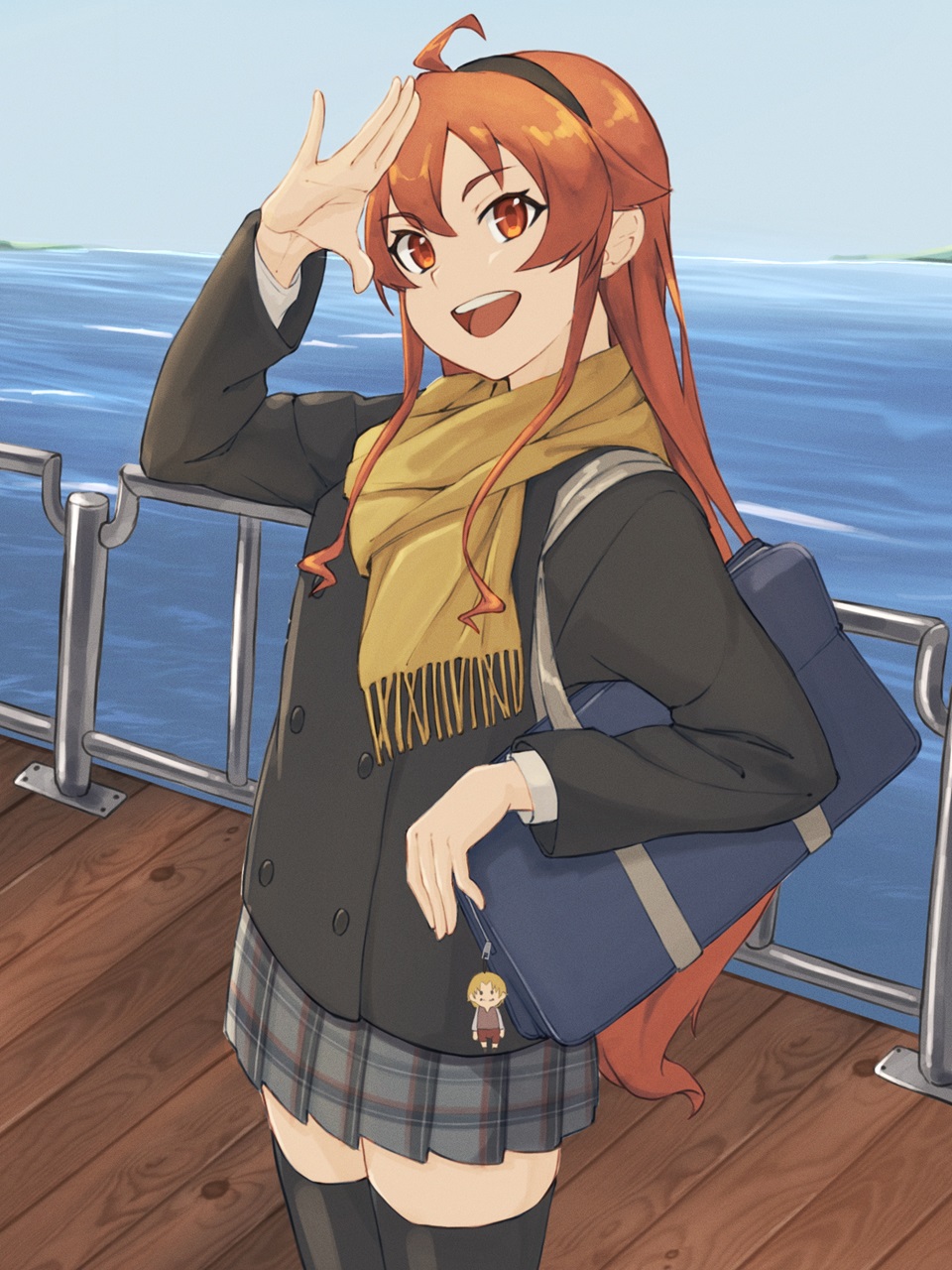 1girl ahoge bag black_hairband black_jacket black_thighhighs boat character_charm charm_(object) checkered_clothes checkered_skirt contemporary eris_greyrat flat_chest hair_between_eyes hairband highres holding holding_bag jacket kurogoma183 long_hair looking_at_viewer mushoku_tensei ocean on_boat open_mouth red_eyes red_hair scarf school_bag ship_deck shirt skirt smile solo thighhighs very_long_hair watercraft white_shirt yellow_scarf