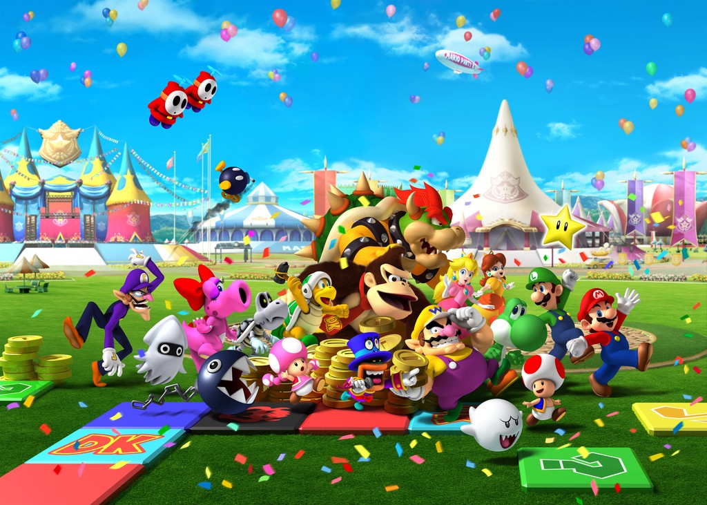 2girls 6+boys aircraft balloon big_top birdo blonde_hair blooper_(mario) bob-omb boo_(mario) bowser brown_hair chain_chomp cloud coin confetti dirigible donkey_kong donkey_kong_(series) dry_bones fly_guy grass hammer_bro koopa long_hair luigi mario mario_(series) mario_party mc_ballyhoo multiple_boys multiple_girls nintendo official_art outdoors pointy_ears princess_daisy princess_peach short_hair shy_guy sky star_(symbol) super_mario_bros._1 super_mario_land toad_(mario) toadette waluigi wario yoshi