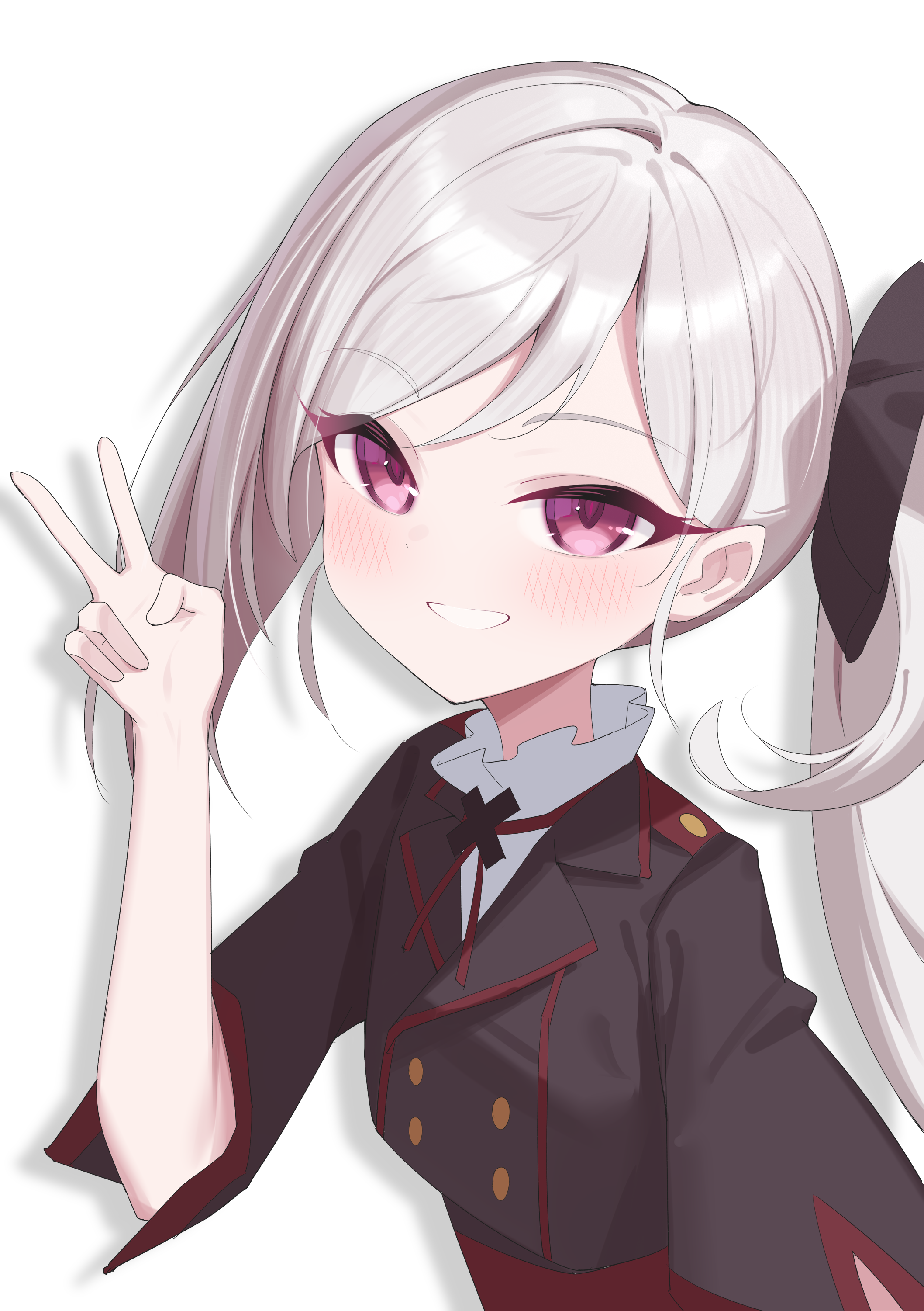 1girl absurdres black_jacket blue_archive cropped_jacket hair_ornament highres jacket jei_(user_tckk7448) looking_at_viewer mutsuki_(blue_archive) open_mouth red_eyes shadow simple_background solo teeth upper_body v white_background white_hair