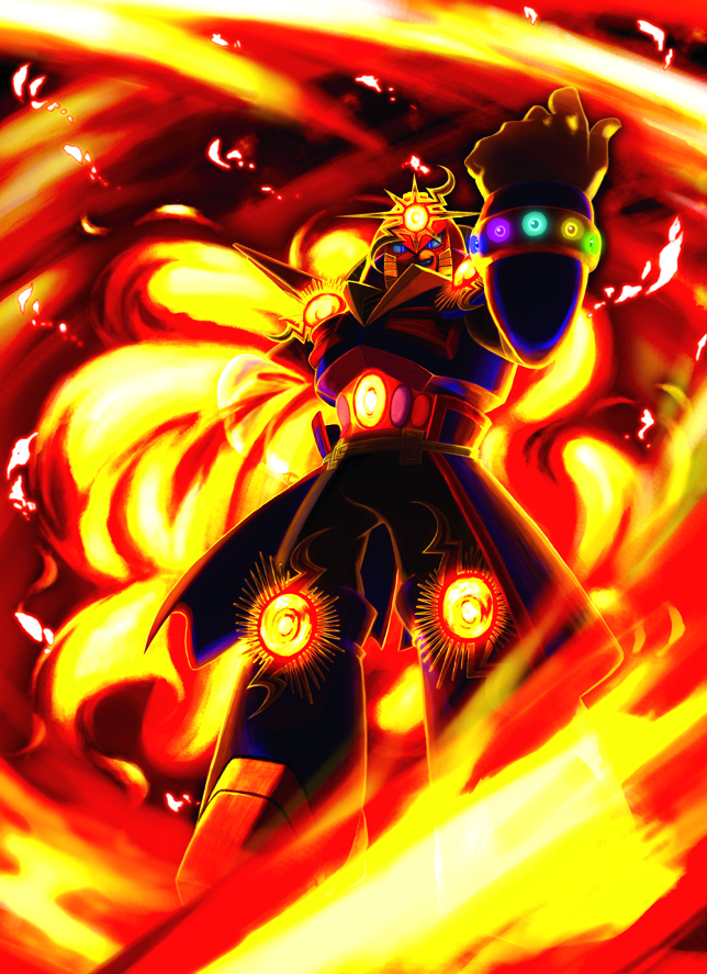 1boy android armor backlighting belt bracelet capcom clenched_hand cowboy_shot explosion fire grin helmet jewelry knee_pads long_sleeves looking_at_viewer male_focus mega_man:_dr._wily&#039;s_revenge mega_man_(classic) mega_man_(series) mega_man_v momanchiman open_mouth smile solo standing sunstar_(mega_man) waist_cape