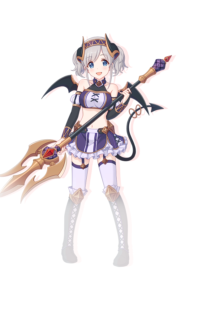 1girl :d akari_(princess_connect!) bare_shoulders black_horns black_sleeves black_tail black_wings blue_eyes blush boots breasts collarbone crop_top demon_girl demon_horns demon_tail demon_wings detached_sleeves drop_shadow frilled_skirt frills full_body grey_hair holding holding_staff horns knee_boots large_breasts looking_at_viewer midriff navel official_art open_mouth parted_bangs princess_connect! purple_garter_straps purple_skirt short_hair short_twintails sidelocks simple_background skirt smile solo staff standing tachi-e tail thighhighs transparent_background twintails white_thighhighs wings zettai_ryouiki