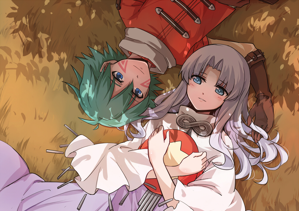 .hack// .hack//games 1boy 1girl aura_(.hack//) blue_eyes brooch brown_gloves dress facial_mark gloves grass green_hair hat unworn_hat unworn_headwear infinity_symbol jewelry kite_(.hack//) long_hair lying on_back parted_bangs purple_dress shawl sindre smile tattoo white_hair