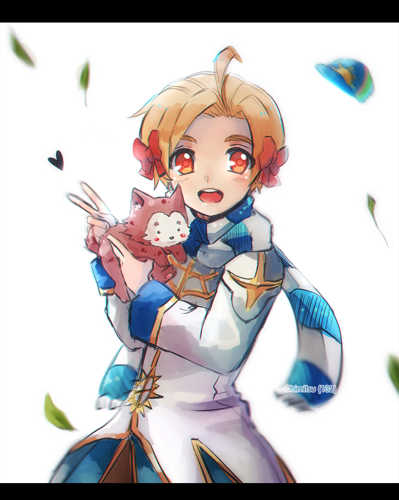 1boy ahoge animal blonde_hair blue_hat blush bow coat commentary cowboy_shot desert_wolf_(ragnarok_online) dog english_commentary gold_trim hair_bow hat hat_loss heart high_priest_(ragnarok_online) himitsu_(dark_nao) holding holding_animal holding_dog leaf looking_at_viewer male_focus open_mouth orange_eyes puppy ragnarok_online red_bow short_hair simple_background smile solo white_background white_coat