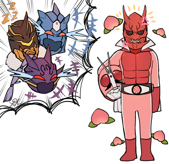 4boys anger_vein angry armor bear belt dragon food fruit helmet holding holding_helmet kamen_rider kamen_rider_den-o_(series) kamen_sentai_gorider kintaros laughing momorider momotaros multiple_boys oni peach pink_armor ryutaros sleeping tears turtle unworn_headwear unworn_helmet urataros zzz