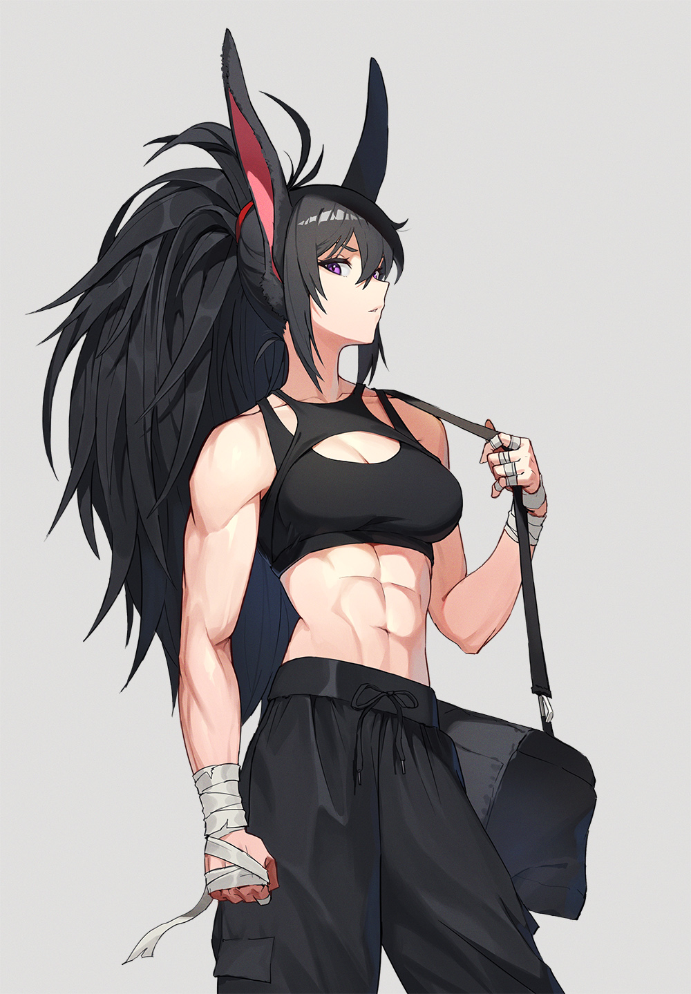 1girl abs animal_ears bag bandaged_fingers bandaged_hand bandaged_wrists bandages bare_shoulders black_pants breasts character_request cleavage collarbone copyright_request duffel_bag grey_background hair_between_eyes hairband highres jason_kim long_hair looking_at_viewer medium_breasts midriff muscular muscular_female navel pants purple_eyes rabbit_ears red_hairband sidelocks simple_background solo sports_bra very_long_hair wide_ponytail