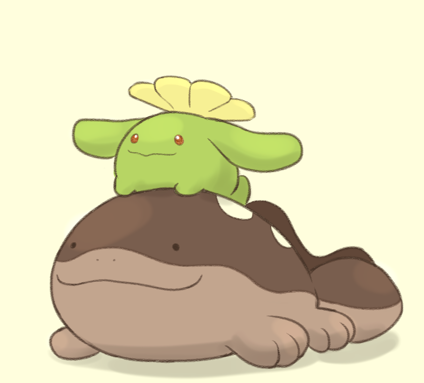 35yado black_eyes clodsire closed_mouth gen_2_pokemon nintendo no_humans pokemon pokemon_(creature) pokemon_focus red_eyes shadow skiploom smile solid_circle_eyes yellow_background