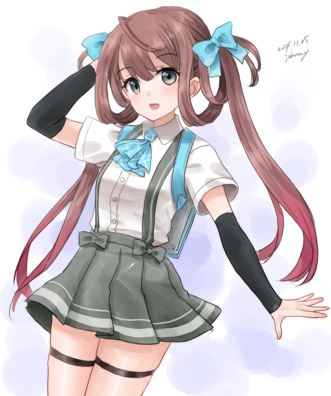 1girl arm_warmers asagumo_(kancolle) ascot backpack bag blue_ascot bow braid brown_hair collared_shirt cowboy_shot dress_shirt green_eyes grey_skirt hair_bow kantai_collection kitagawa_mikio one-hour_drawing_challenge plaid_ascot plaid_clothes shirt short_sleeves skirt smile solo suspender_skirt suspenders twin_braids white_shirt