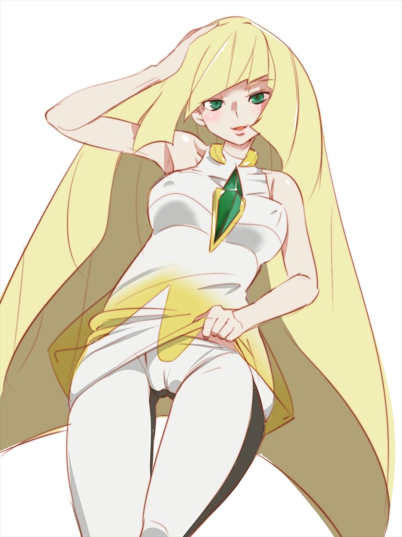 1girl arm_up armpits bad_id bad_pixiv_id bare_shoulders blonde_hair breasts cameltoe clothes_lift collarbone covered_erect_nipples crystal dress dress_lift female_focus gem green_gemstone hand_on_own_head jpeg_artifacts leggings lifting_own_clothes long_hair lusamine_(pokemon) medium_breasts multicolored_legwear nintendo pokemon pokemon_sm see-through_clothes shiny_skin short_dress simple_background sleeveless sleeveless_dress solo standing thigh_gap very_long_hair white_background zaitsu