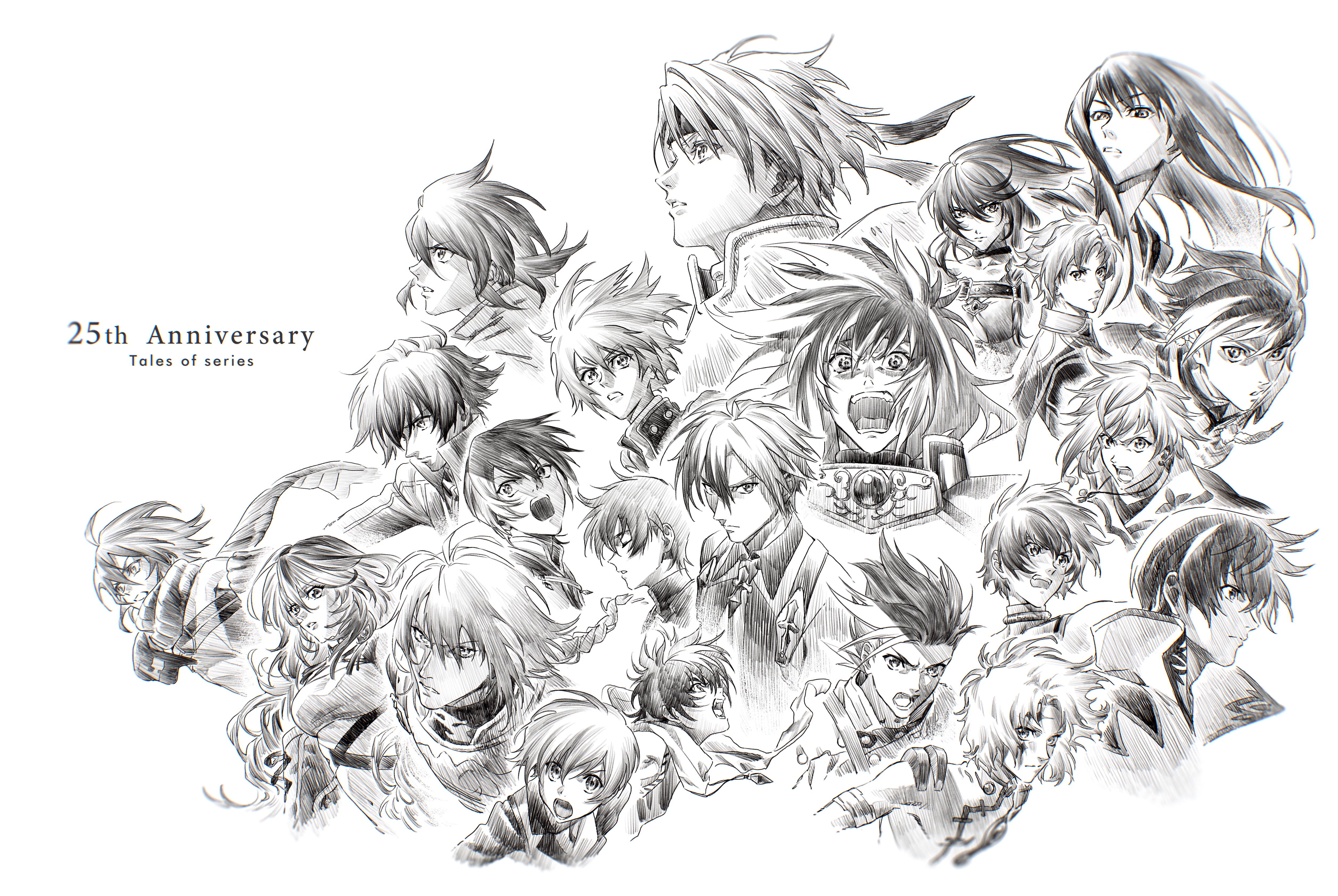 2girls 6+boys absurdres allen_(tales) anniversary asbel_lhant breasts caius_qualls choker copyright_name cress_albane emil_castagnier everyone eyebrows_hidden_by_hair floating_scarf greyscale head_tilt headband highres ix_nieves jude_mathis kanata_hjuger kor_meteor kyle_dunamis lloyd_irving looking_at_viewer looking_back looking_to_the_side looking_up ludger_will_kresnik luke_fon_fabre medium_breasts milla_maxwell monochrome mosako multiple_boys multiple_girls namco open_mouth reid_hershel ruca_milda scarf senel_coolidge sorey_(tales) stahn_aileron tales_of_(series) tales_of_berseria tales_of_crestoria tales_of_destiny tales_of_destiny_2 tales_of_eternia tales_of_graces tales_of_hearts tales_of_innocence tales_of_legendia tales_of_link tales_of_phantasia tales_of_phantasia:_narikiri_dungeon tales_of_phantasia:_narikiri_dungeon_x tales_of_rebirth tales_of_symphonia tales_of_symphonia:_dawn_of_the_new_world tales_of_the_abyss tales_of_the_rays tales_of_the_tempest tales_of_vesperia tales_of_xillia tales_of_xillia_2 tales_of_zestiria upper_body veigue_lungberg velvet_crowe white_background yuri_lowell