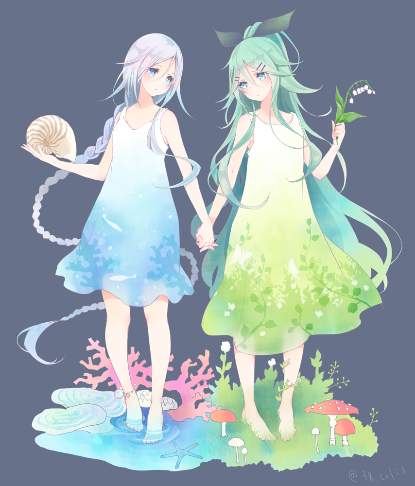 10s 2girls absurdly_long_hair alternate_costume animal_print anklet aqua_eyes aqua_hair bare_arms bare_shoulders barefoot black_ribbon blue_dress blue_eyes blue_hair braid colis coral dress faux_figurine fish_print flat_chest floral_print flower full_body gradient_hair green_dress green_hair hair_between_eyes hair_ornament hair_ribbon hairclip holding_hands head_tilt helix holding holding_flower interlocked_fingers jewelry kadokawa_shoten kantai_collection long_hair looking_at_another looking_to_the_side multicolored_hair multiple_girls mushroom ponytail purple_background ribbon seashell shell simple_background single_braid sleeveless sleeveless_dress starfish tareme twitter_username umikaze_(kancolle) very_long_hair yamakaze_(kancolle)