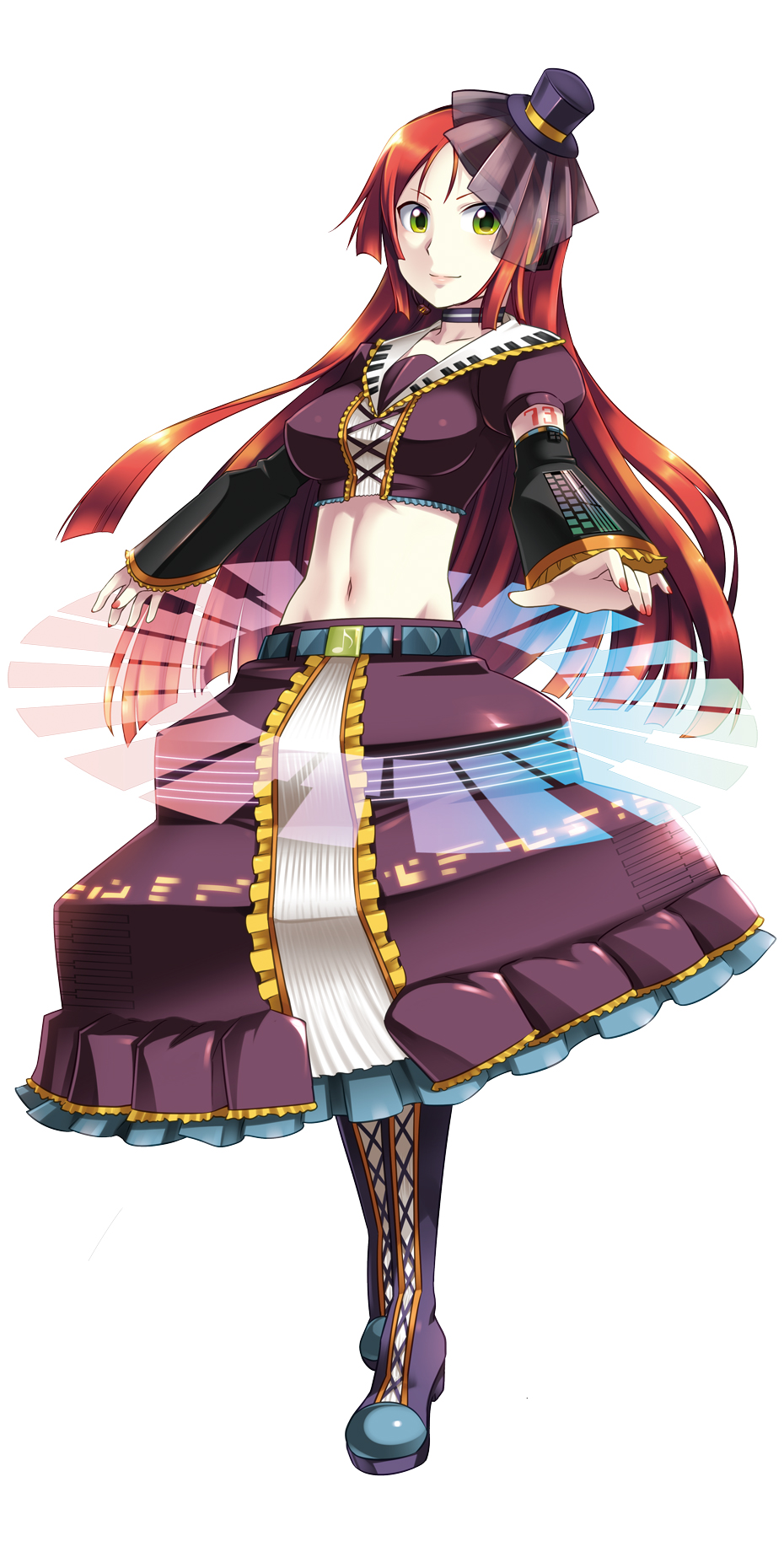 1boy caffein hat highres long_hair male_focus midriff mini_hat mini_top_hat nail_polish namine_ritsu pantyhose red_hair solo top_hat trap utau yellow_eyes