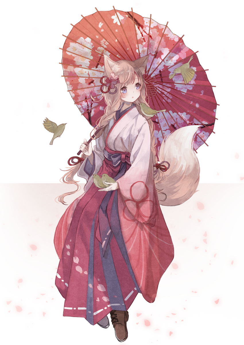 1girl :o animal animal_ears animal_on_shoulder bird bird_on_shoulder blue_eyes boots braid brown_boots eyelashes fingernails floral_print flower fox_ears fox_girl fox_tail full_body hair_flower hair_ornament hakama hakama_skirt highres holding holding_animal holding_umbrella invisible_chair japanese_clothes kimono light_brown_hair long_hair looking_at_another looking_away looking_to_the_side meiji_schoolgirl_uniform multicolored_background oil-paper_umbrella open_mouth original oro_ponzu petals pink_background pink_flower red_flower red_umbrella shoelaces sitting skirt tail tareme twin_braids twintails two-tone_background umbrella very_long_hair white_background