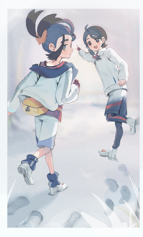 1boy 1girl ahoge blue_socks braid brown_eyes brown_hair commentary_request fanny_pack footprints gloves jacket juliana_(pokemon) kieran_(pokemon) leggings long_sleeves loose_hair_strand multicolored_hair mxkjxm_(nhss2337) nintendo pointing pokemon pokemon_sv shoes shorts single_glove snow socks standing two-tone_hair white_footwear white_jacket white_shorts yellow_bag