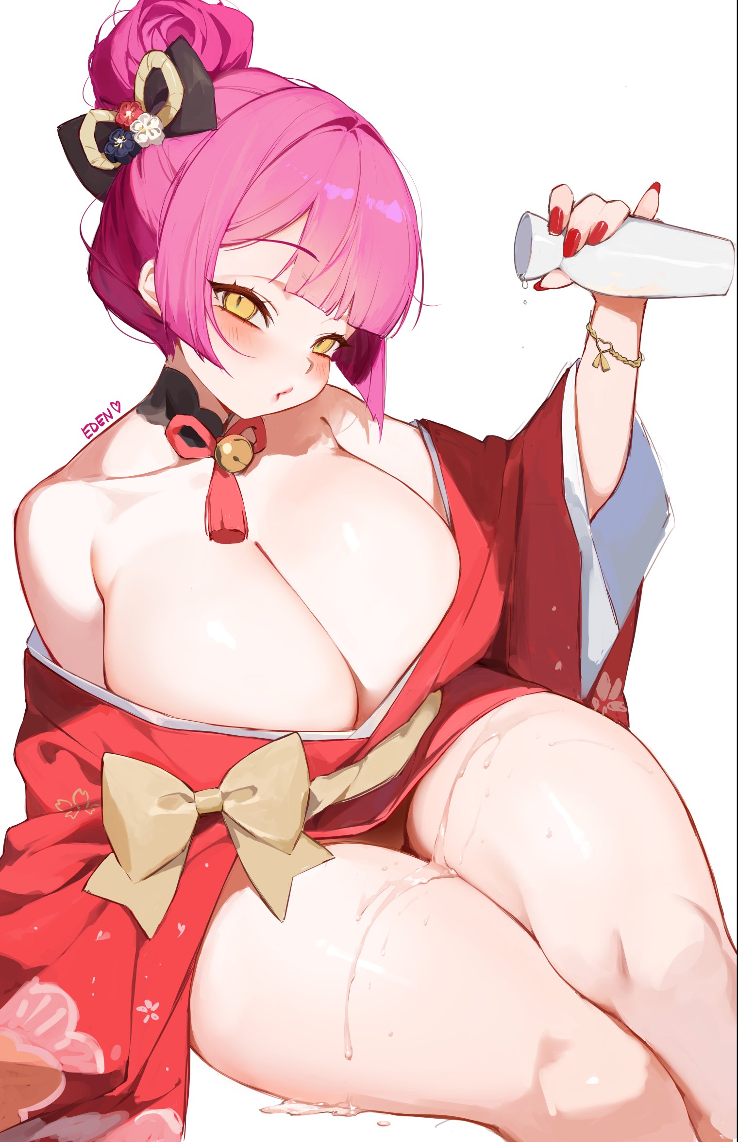 1girl alcohol artist_name black_bow blush bottle bow bracelet breasts cleavage commentary eden_(shiroki_yuutsu) english_commentary floral_print floral_print_kimono hair_bow highres holding holding_bottle huge_breasts japanese_clothes jewelry kimono looking_at_viewer nail_polish new_year original pink_hair print_kimono red_kimono sake sake_bottle short_hair simple_background sitting solo thighs vanilla_(eden_(shiroki_yuutsu)) white_background yellow_eyes