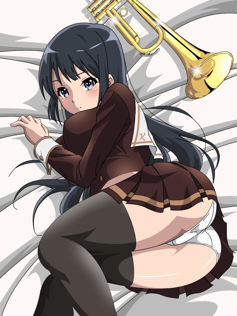 10s ass black_eyes black_hair hibike!_euphonium highres instrument kororofu kousaka_reina looking_back lying on_side panties school_uniform solo thighhighs trumpet underwear white_panties